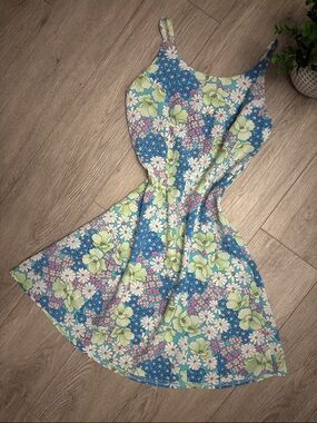 Vintage 90s Y2K Cottagecore Boho Floral Blue & Green Slip Dress